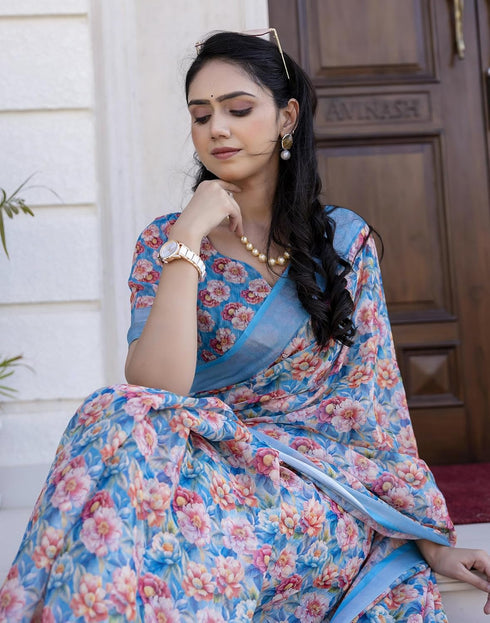Vasthrlay Womens Cotton Unstitched Teal Saree
