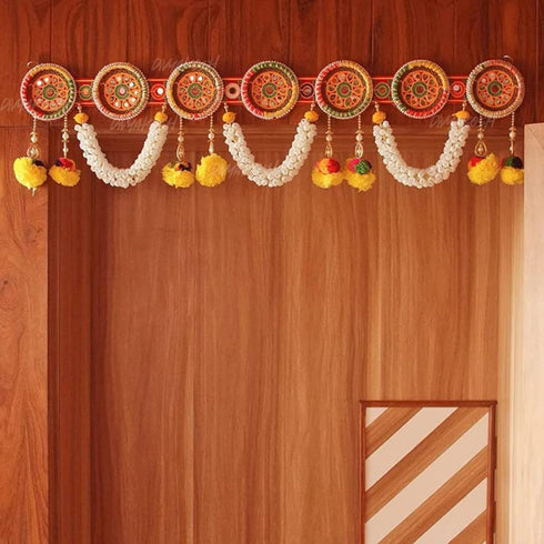 Divyakosh Toran/Bandanwar for Home Decoration, Round Embroidery Pom Pom Mogra Flower, 38 Inch