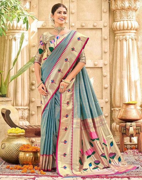 Vasthrlay Paithani Kanjivaram Unstitched Pink Saree
