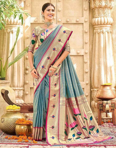 Vasthrlay Paithani Kanjivaram Green Saree With Golden Unstitched Blouse Piece
