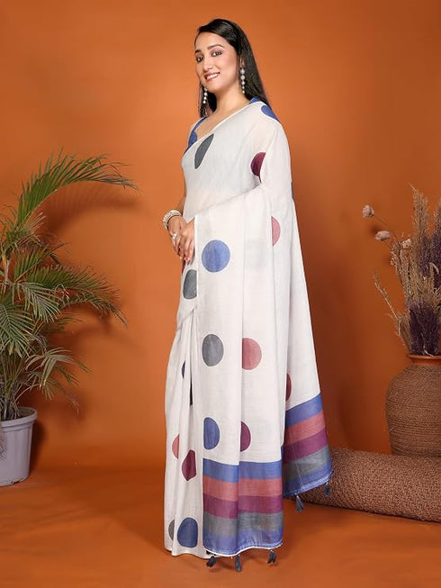Vasthrlay White Floral Printed Design Linen Saree With Solid Unstitched Linen Blouse Piece