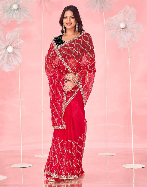 Vasthrlay Embroidery Scalloped Unstitched Red Saree