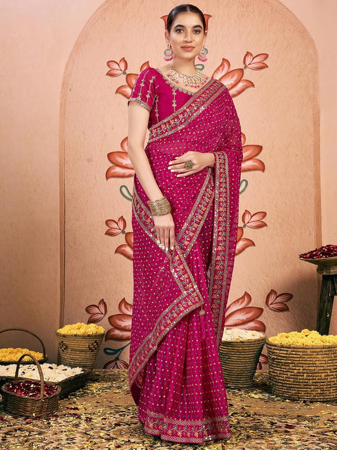 Vasthrlay Embroidery Bandhani Unstitched Rama Green Saree