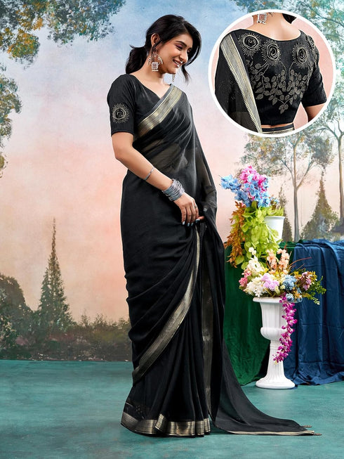 Vasthrlay Chiffon Jacquard Unstitched Black Saree