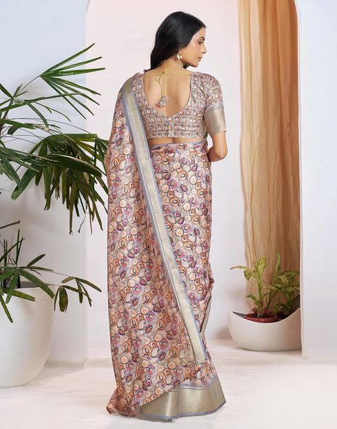 Vasthrlay Womens Printed Grey Saree With Unstitched Blouse Piece