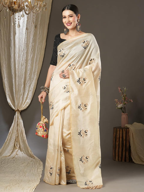 Vasthrlay Embroidered Banarasi Unstitched Cream Ethnic Wear