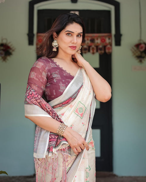 Vasthrlay Handwoven Printed Tasselled Saree