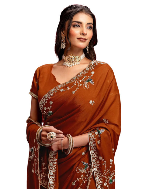 Vasthrlay Georgette Embroidery Unstitched Maroon Saree
