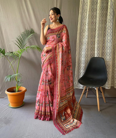 Vasthrlay Pink Printed Unstitched Saree