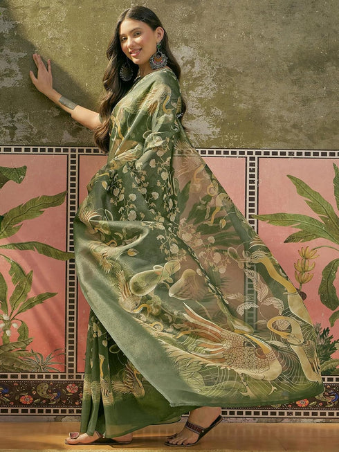 Vasthrlay Shimmer Printed Dark Green Saree With Unstitched Blouse Piece