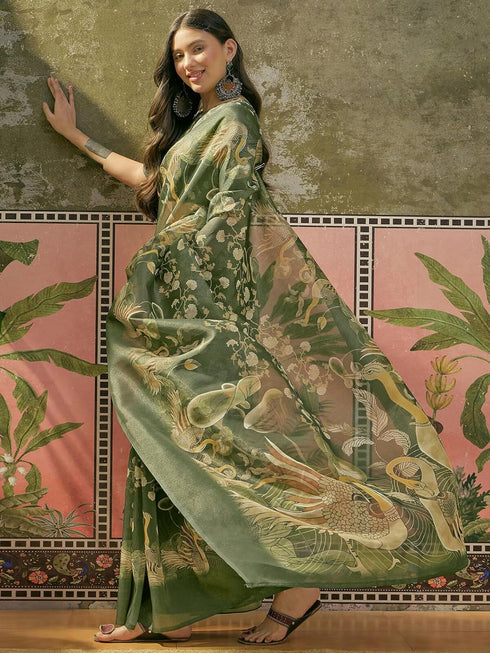 Vasthrlay Shimmer Printed Unstitched Lime Green Saree