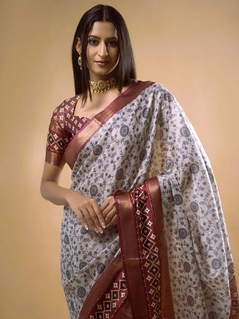 Vasthrlay Cream Maroon Abstract Print Polyester Saree With Antique Zari Border And Unstitched Blouse Piece