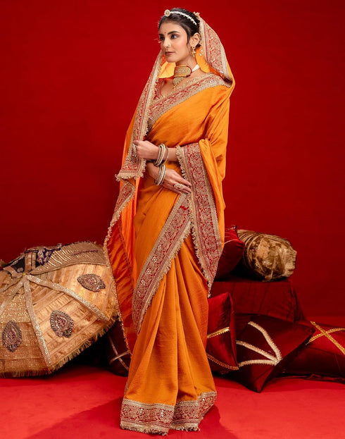 Vasthrlay Vichitra Embroidery Unstitched Red Saree