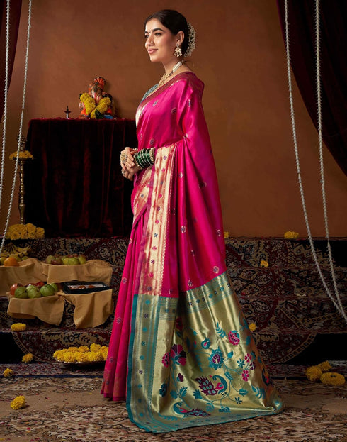 Vasthrlay Womens Paithani Unstitched Pink Saree