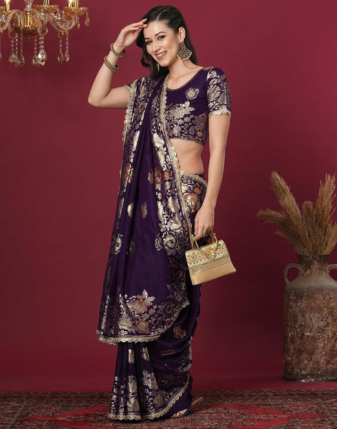 Vasthrlay Kanjivaram Banarasi Dark Purple | Golden Border Saree With Unstitched Blouse Piece