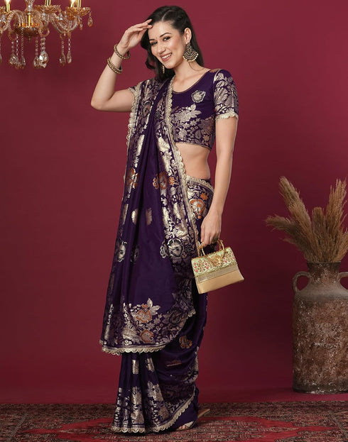 Vasthrlay Kanjivaram Banarasi Unstitched Red Saree