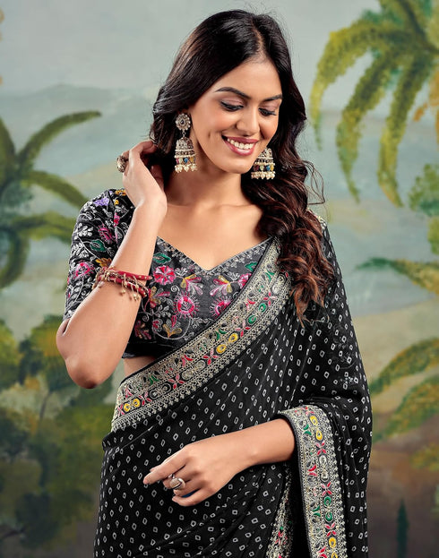 Vasthrlay Georgette Embroidery Black Saree With Multicolour Unstitched Blouse Piece