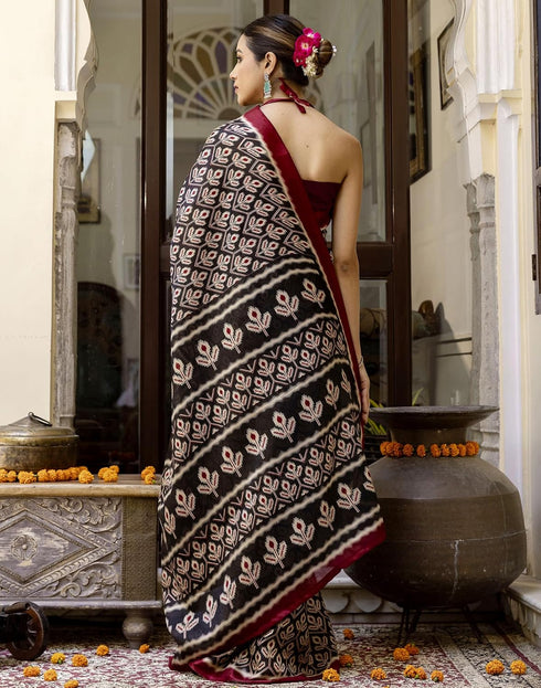 Vasthrlay Womens Printed Black And Maroon And Beige Saree With Unstitched Blouse Piece