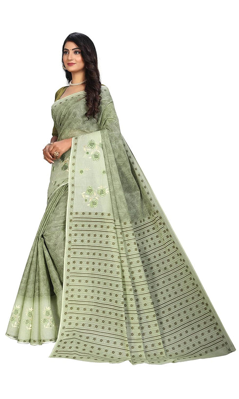 Vasthrlay Cotton Print Embroidery Green Saree