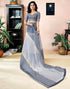 Vasthrlay Womens Printed Grey And White Saree With Unstitched Blouse Piece