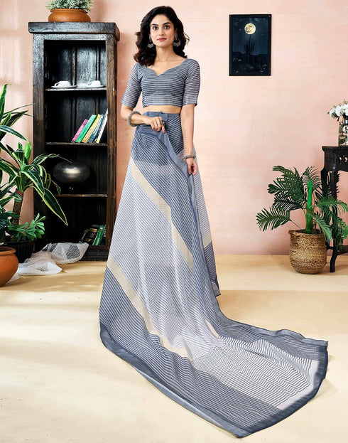 Vasthrlay Womens Printed Beige And Dark Dusty Green Saree With Unstitched Blouse Piece