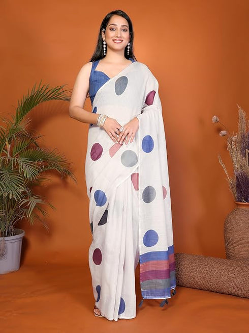 Vasthrlay White Floral Printed Design Linen Saree With Solid Unstitched Linen Blouse Piece