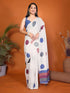 Vasthrlay White Floral Printed Design Linen Saree With Solid Unstitched Linen Blouse Piece