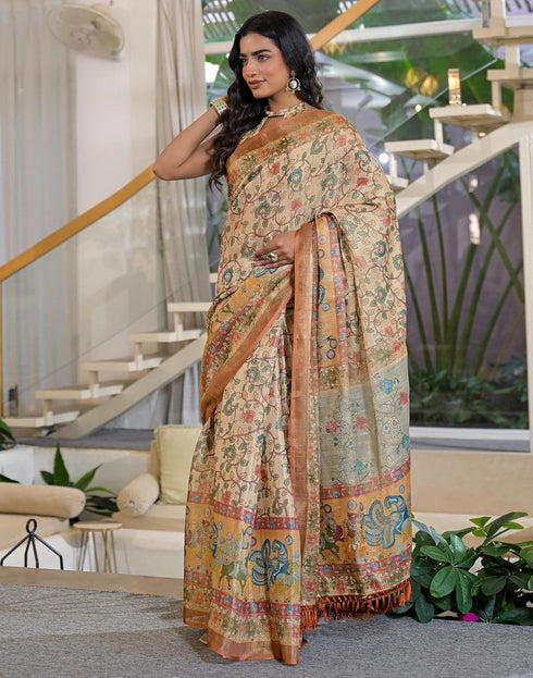 Vasthrlay Shimmer Printed Unstitched Beige Saree