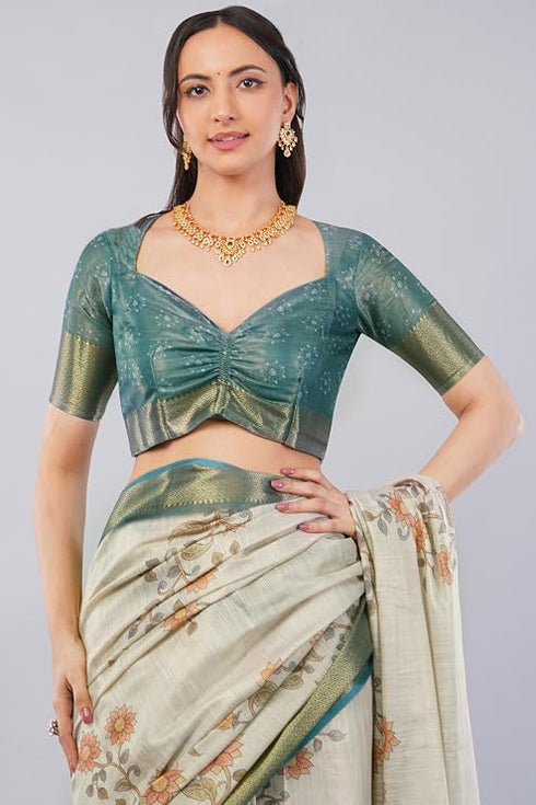 Vasthrlay Off White1 Textured Polyester Saree With Kalamkari Floral Panel| Zari Border And Unstitched Blouse Piece