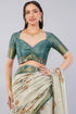 Vasthrlay Off White1 Textured Polyester Saree With Kalamkari Floral Panel| Zari Border And Unstitched Blouse Piece