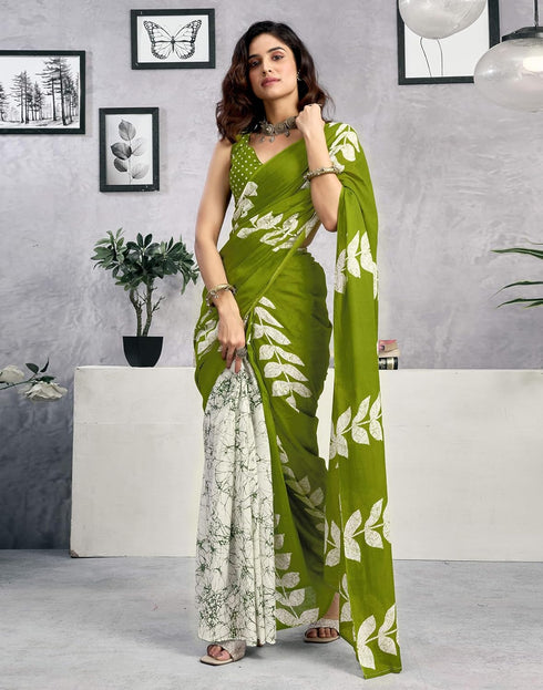 Vasthrlay Womens Printed Unstitched Green Saree