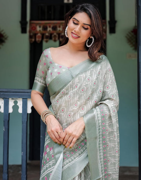 Vasthrlay Womens Printed Unstitched Light Green Saree