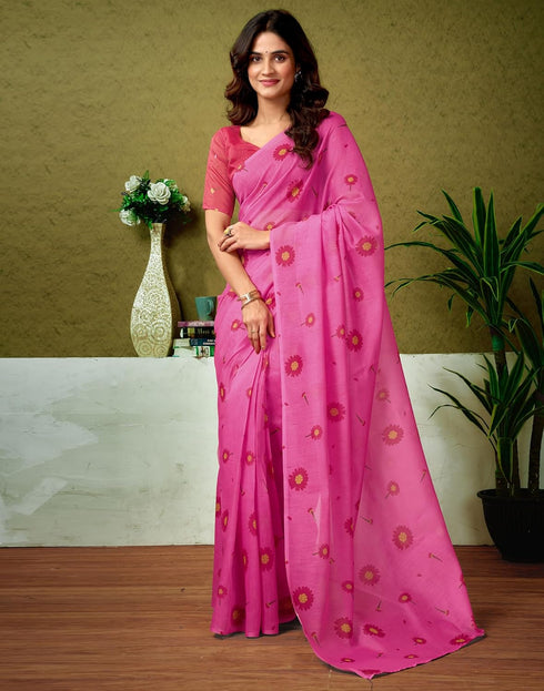Vasthrlay Chanderi Printed Unstitched Blue Saree