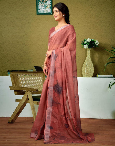 Vasthrlay Womens Cotton Printed Brown Saree With Unstitched Blouse Piece
