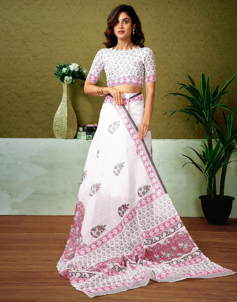 Vasthrlay Chanderi Printed White And Pink Saree With Unstitched Blouse Piece