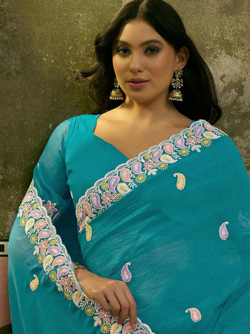 Vasthrlay Chinnon Embroidery Lime Saree