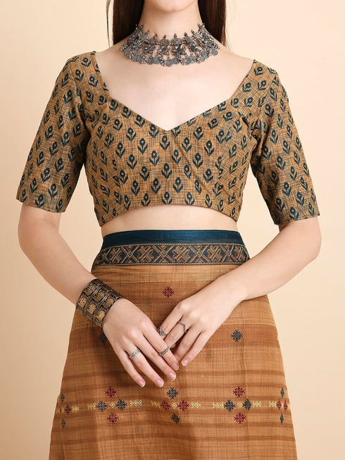 Vasthrlay Cotton Printed Mulmul Brown Saree