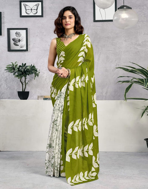 Vasthrlay Womens Printed Unstitched Green Saree