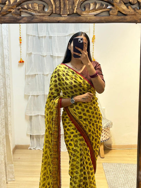 Vasthrlay Yellow Georgette Printed Unstitched Saree