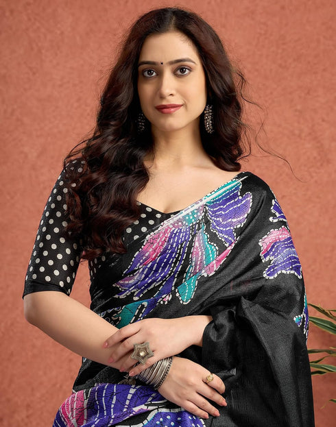 Vasthrlay Womens Printed Black And Purple Saree With Unstitched Blouse Piece