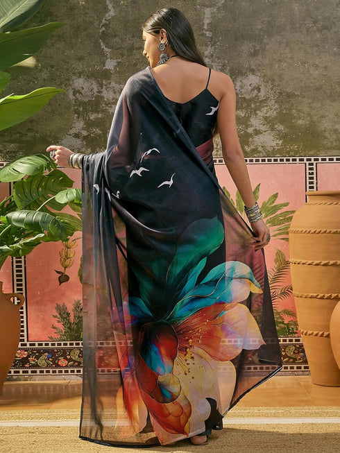 Vasthrlay Shimmer Georgette Unstitched Black Saree