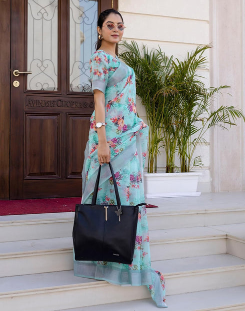 Vasthrlay Womens Printed Blue | Multicolour Saree With Unstitched Blouse Piece