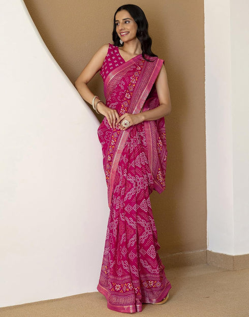 Vasthrlay Georgette Bandhani Pink Saree With Unstitched Blouse Piece