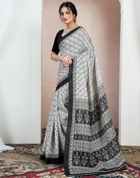 Vasthrlay Bandhani Printed White And Black Saree With Unstitched Blouse Piece