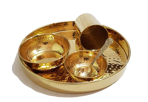 Hammered Brass Solid Dinner Thali Set -5 Pieces