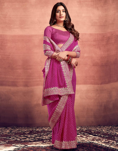 Vasthrlay Georgette Embroidery Rani Pink And Golden Saree With Unstitched Blouse Piece