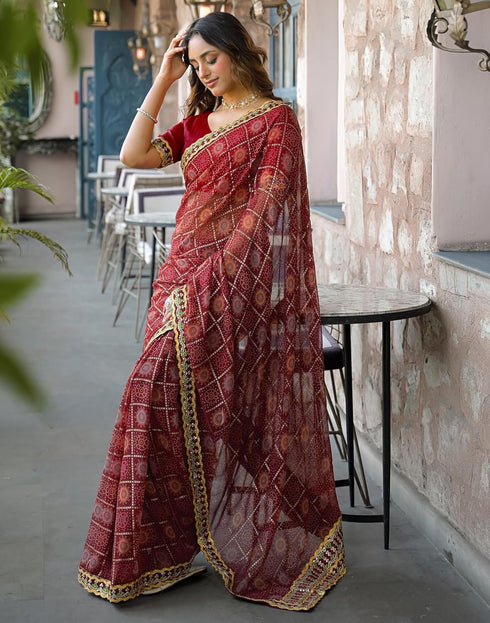 Vasthrlay Bandhani Embroidery Unstitched Dusty Pink Saree
