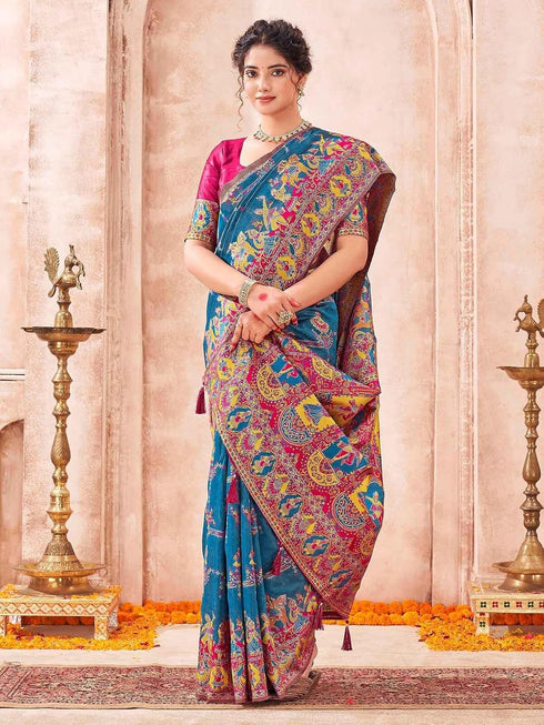 Vasthrlay Womens Weaving Teal Blue Saree With Unstitched Blouse Piece