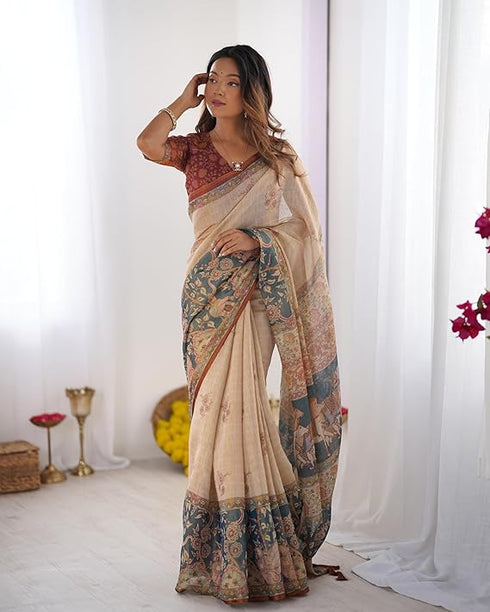 Vasthrlay Handloom Blue Beige Traditional Saree