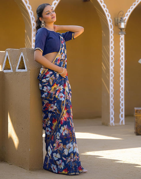 Vasthrlay Chiffon Tassels Unstitched Dark Green Saree
